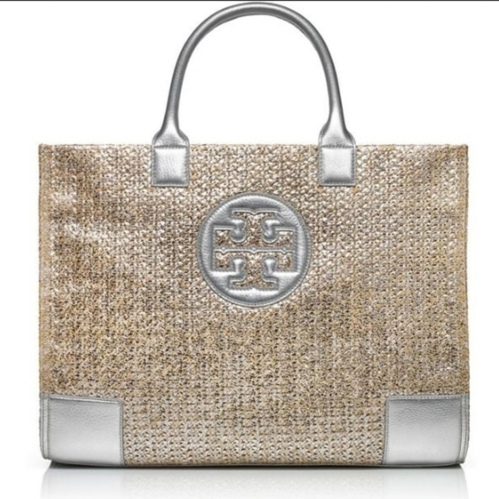 Tory Burch Metallic Gold and Silver Ella Raffia Straw Tote Bag Purse Handbag - Picture 1 of 5